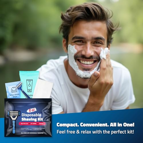 On-the-Go Shaving Kit ? Disposable Razor, Shaving Cream, Washcloth & Aftershave Wipe ? Travel Friendly, Grooming Essentials for Hygiene when on the Go - Black (10)