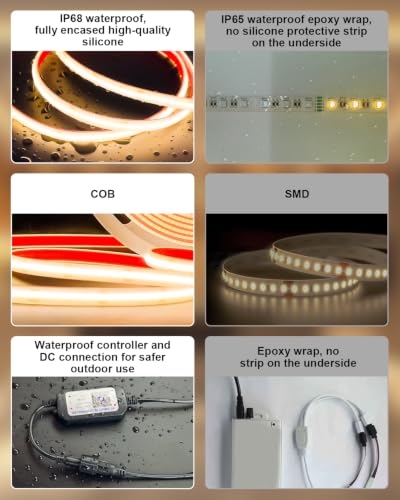 2700K 100FT Waterproof COB LED Strip Lights Outdoor IP68 - Bright Warm White, Dimmable