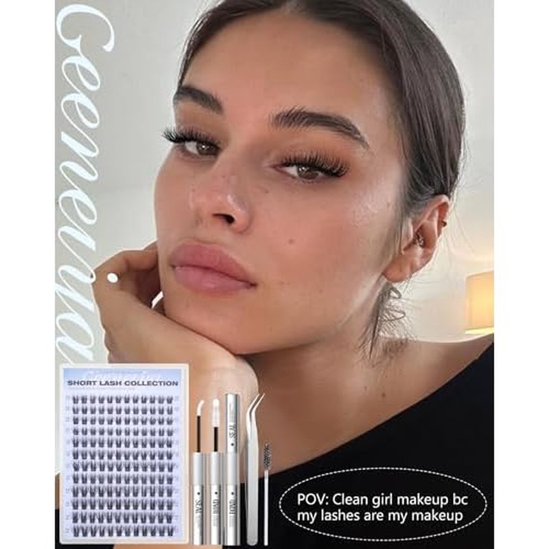 Geeneiya Natural Lash Clusters Kit Short Eyelash Clusters Kit 10-12-14MM Wispy Cluster Lashes C Curl Cluster Eyelash Extensions Clean Girl Makeup Lash Extension Kit with Waterproof Lash Bond and Seal