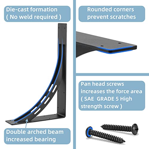 Heavy Duty Shelf Brackets 16x12 Inches - Supports 1100 Lbs - Alloy Metal, Matte Black, Set of 2