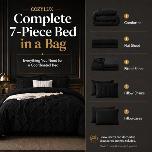 California King Comforter Set Black 7 Pieces Pintuck Bed in a Bag