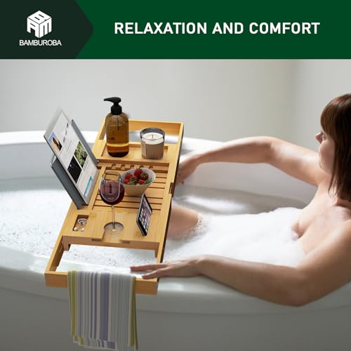 Natural Bamboo Expandable Bathtub Caddy Tray for Luxury Bath - BAMBUROBA