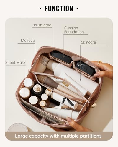 Travel Makeup Bag for Women - Medium Pink PU Leather Cosmetic Organizer