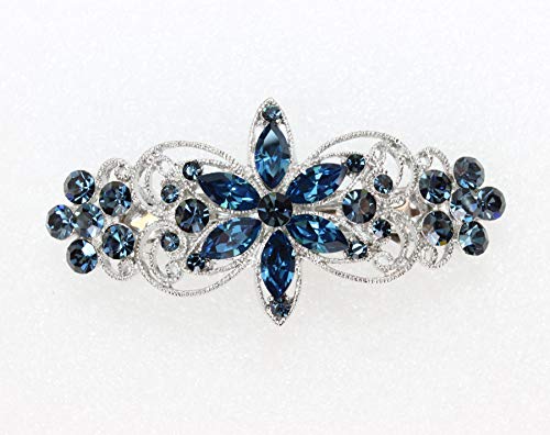 Faship Navy Blue Rhinestone Crystal Floral Hair Barrette Clip for Weddings