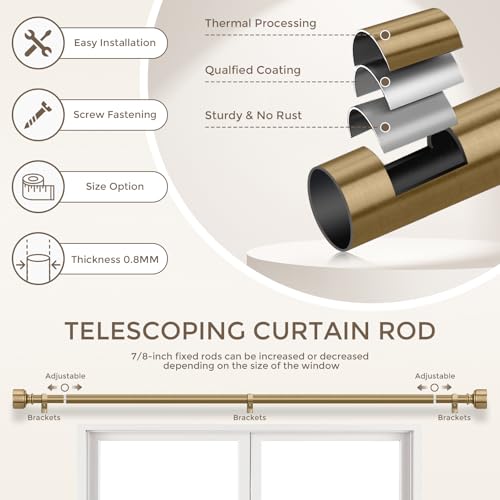 Warm Gold Adjustable Curtain Rods 48-84 Inch - Heavy Duty Brass Set with Finials - Vintage Brushed Metal Finish (36-88") 2 Pack