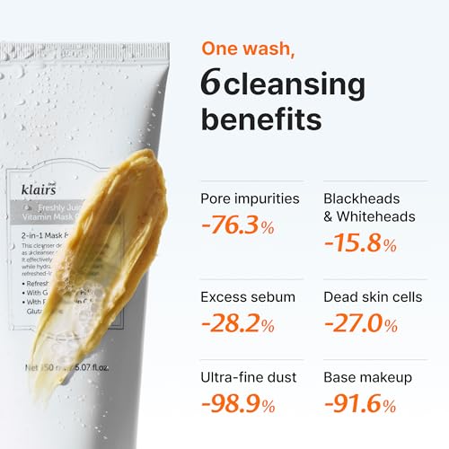 DearKlairs Freshly Juiced Vitamin Clay Mask Cleanser, Deep Pore Wash, Clear Radiant Skin, Tangerine Peel Powder, PHA, Niacinamide, 5.07 Fl Oz (Pack of 1)
