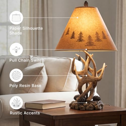 Set of 2 Rustic Table Lamps with Faux Rock and Pinecone Accents - Mountain Retreat Style, Silhouette Shade, 14.25 Inch