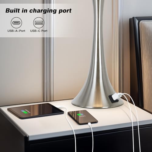 Silver 27.5-Inch Set of 2 Touch Dimmable Bedside Table Lamps with USB-C Ports