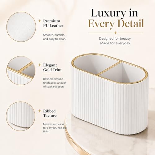 Cream White Makeup Brush Holder Organizer with 2 Slots - PU Leather Vanity Storage