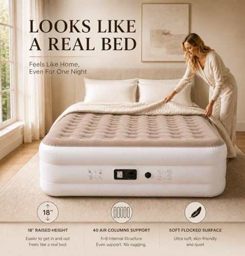 Etto Queen Air Mattress with Built-in Pump, 18-Inch Blow Up Bed, Brown, 650 lbs Support