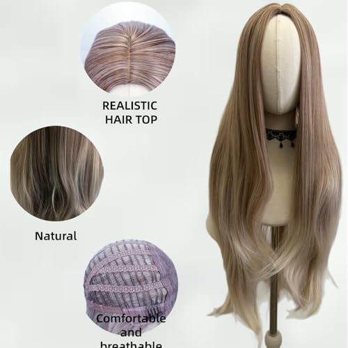 Long Ombre Blonde Wavy Curly Wig with Middle Part - Brown Ombre, 30 Inch Synthetic Hair for Women