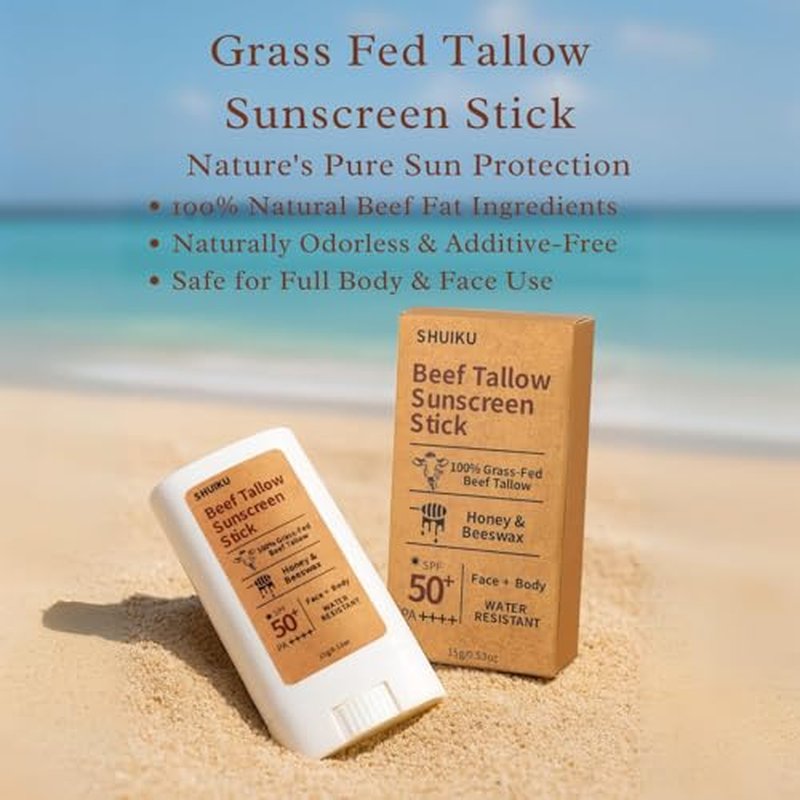 Beef Tallow Sunscreen Organic Stick SPF 50 ? Tallow-Based Mineral Sunscreen with Honey & Beeswax for Face & Body, Water-Resistant Natural Sunblock, 0.53 oz