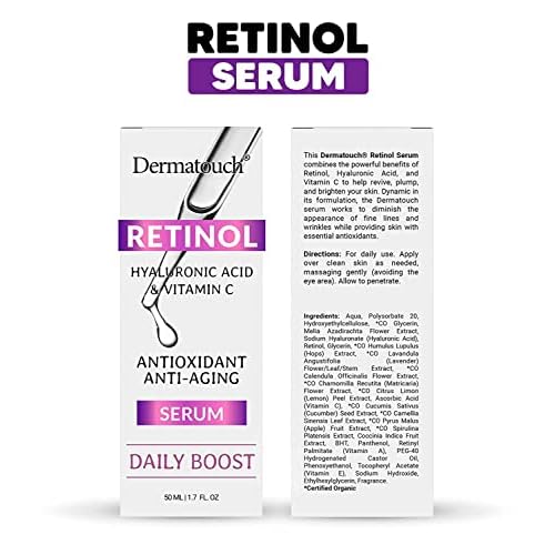 Dermatouch Retinol Serum With Hyaluronic Acid, Vitamin C & E, and Green Tea, Nourishing Daily Face Serum With Vitamins and Antioxidants, Clean Skin Care, Vegan, Gluten Free, Made in USA, 1.7 Fl Oz