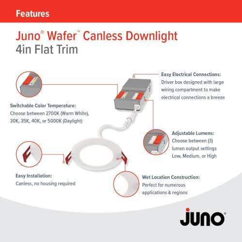 Juno 4-Inch Round Baffle Wafer LED Recessed Lights 5-in-1 CCT, 6 Pack - Flat Trim Remodel