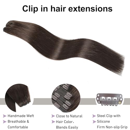 Dark Brown Clip in Hair Extensions - 20 Inch Human Hair, 7PCS, Easy Wear (Variation #2)