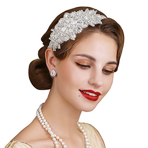 SWEETV Silver Rhinestone Flapper Headband 1920s Gatsby Hair Accessories for Women