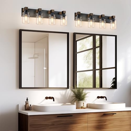 Farmhouse 4-Light Bathroom Vanity Light Fixtures - Black and Wood - Variation of Black and Wood / 4-Light