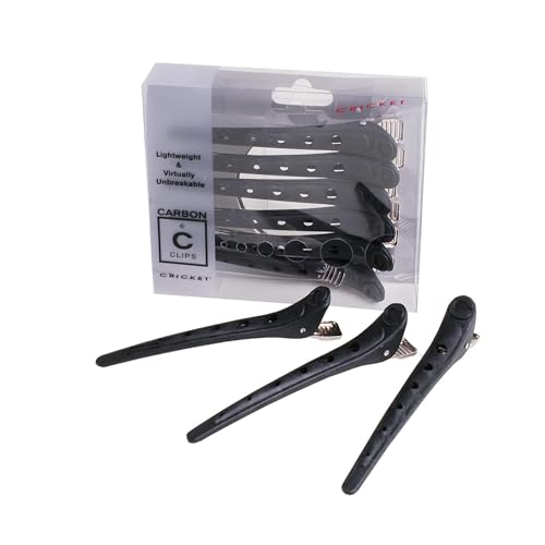 Cricket Professional Salon Carbon Hair Clips - Heat Resistant, Anti-Static, Non-Slip, Lightweight, Unbreakable, Sturdy Stainless Steel Spring Grips - Black, 6-Pack