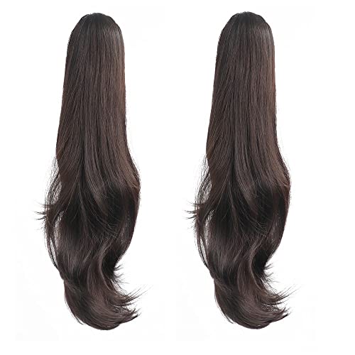 HSPJHTM 22 Inch Dark Brown Synthetic Ponytail Extensions - Pack of 2, Clip-In Hairpieces for Women