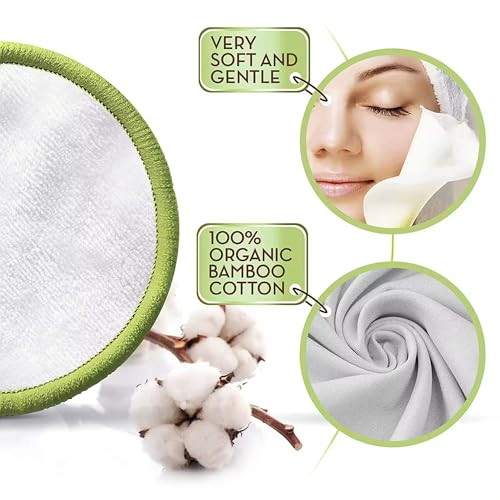 Reusable Bamboo Cotton Makeup Remover Pads Set with Washable Bag & Storage Jar - Eco-Friendly Facial Cleansing Discs - 20 Pack