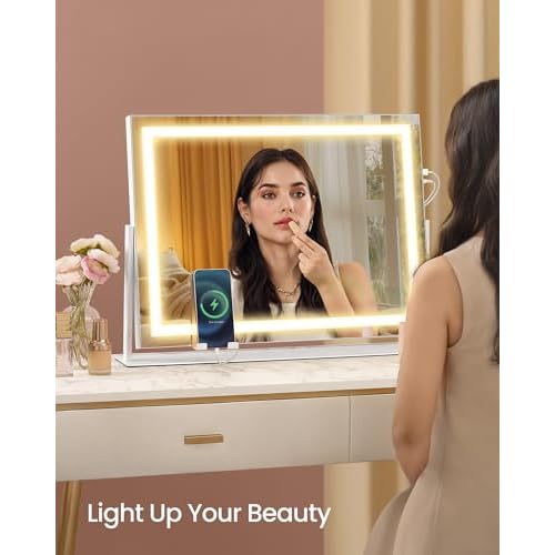 SONGMICS Vanity Makeup Mirror with Lights, Touch Control, Angle-Adjustable, Charging Ports, Detachable 10X Magnifying Mirror, 3 Color Temperatures, Dimmable, Phone Holder, Matte White ULWM002W01V1