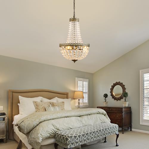 Mini Crystal Chandelier Pendant Light 19.7 H x 12.6 W Vintage Farmhouse Ceiling Fixture for Bathroom Living Room Bedroom Antique Brass E12
