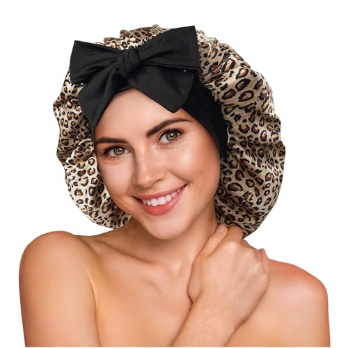 Leopard Mulberry Silk Sleep Bonnet for Women & Men - Large Double Layer