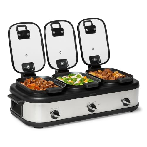 Triple Slow Cooker with Ceramic Nonstick Coating - 3 x 2.5 Quart Crock Pot with Locking Handles & Glass Lids