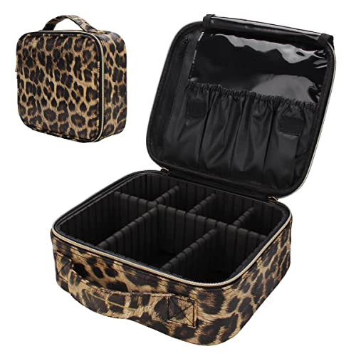 Uongeod Travel Makeup Bag Leopard Print PU Leather Cosmetic Makeup Bag Organizer case with Adjustable Dividers for Women