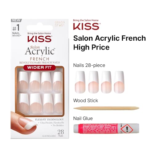 KISS Acrylic French False Nails Kit, Long Coffin Wide Fit Design Nail, Classic White Color French Tip Nails, Ready to Wear Gel & Manicure Stick Included, Long-Lasting Convenient & Easy to Apply
