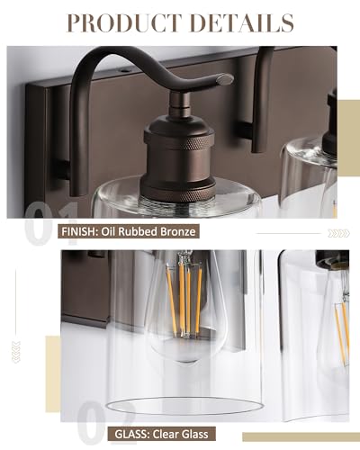 Oil Rubbed Bronze 3-Light Bathroom Vanity Light with Clear Glass Shades - 20 Inch, Modern Fixture