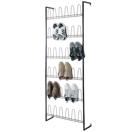 Black Wall Mounted Shoe Rack with 36 Hooks - 70 Inch, 6 Tier