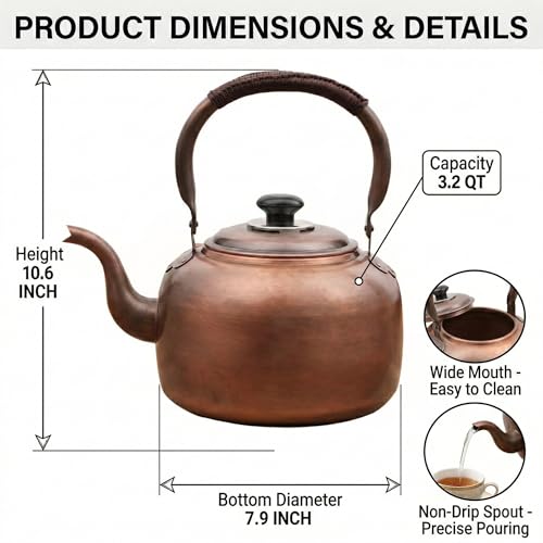 Bronze 3.2 Quart Solid Copper Whistling Kettle - Large Capacity & Cool-Touch Handle