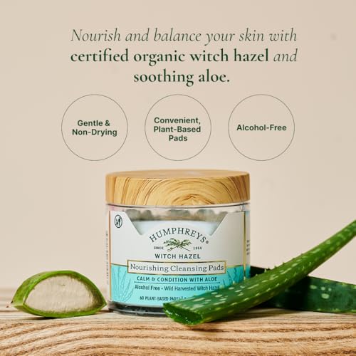 Humphreys Witch Hazel Nourishing Cleansing Pads 60 Count Pack of 2 - Alcohol-Free, Hydrating Aloe & Wild Harvested Witch Hazel
