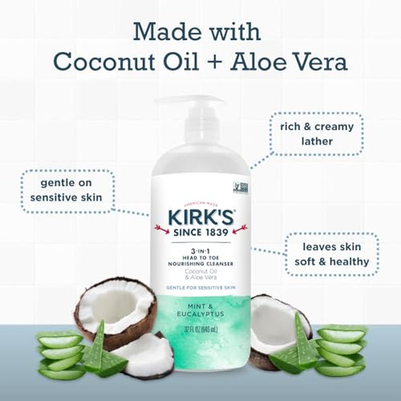 Kirk's 3-in-1 Head to Toe Nourishing Liquid Cleanser & Travel Size Bar Soap - for Men, Women & Children - Premium Coconut Oil & Aloe Vera- Non GMO & Vegan -Mint & Eucalyptus - 32 Fl Oz