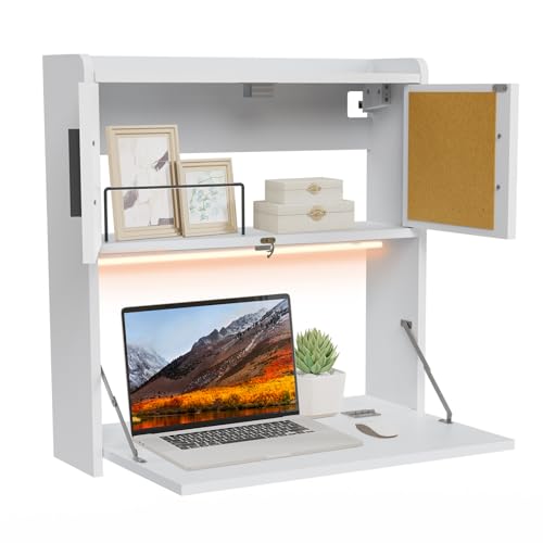 ARTETHYS White Wall-Mounted Folding Desk with LED Light and Storage