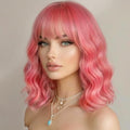 Sweetie Blush Pink Wavy Bob Wig with Bangs - Shoulder Length Synthetic Cosplay Hair (Soft Blush Pink)