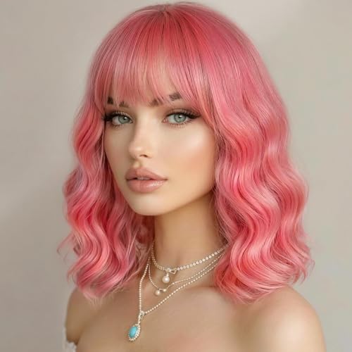 Sweetie Blush Pink Wavy Bob Wig with Bangs - Shoulder Length Synthetic Cosplay Hair (Soft Blush Pink)