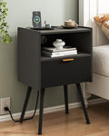 Nightstand with Outlet & Storage Drawer - Black, Modern Bedside Table with Open Shelf - Small Space Accent Table - Black-1