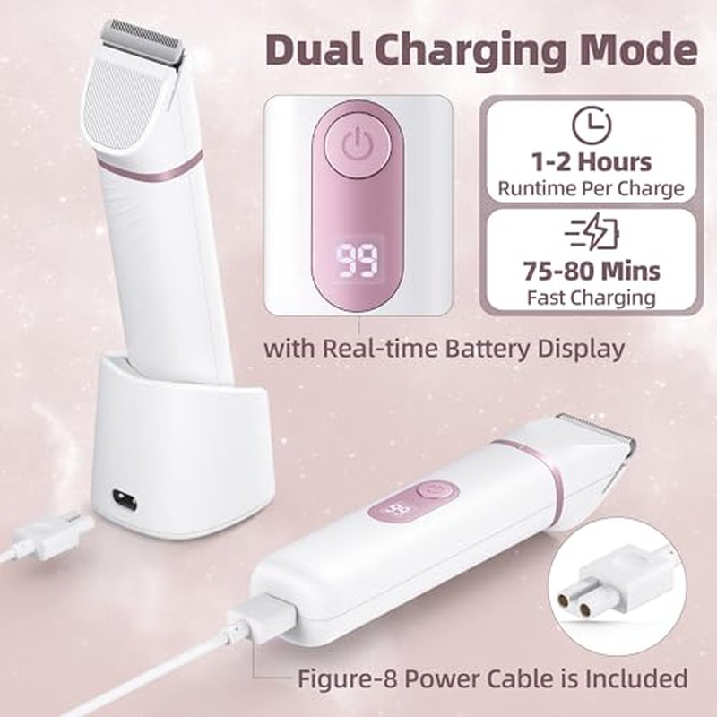 5-in-1 Bikini Trimmer for Women: IPX7 Waterproof Electric Razor Shaver for Silk Skin, Easy Cleaning, 5 Head, Rechargeable Body Hair Removal, LED Display, Ceramic Blade, Gifts for Her