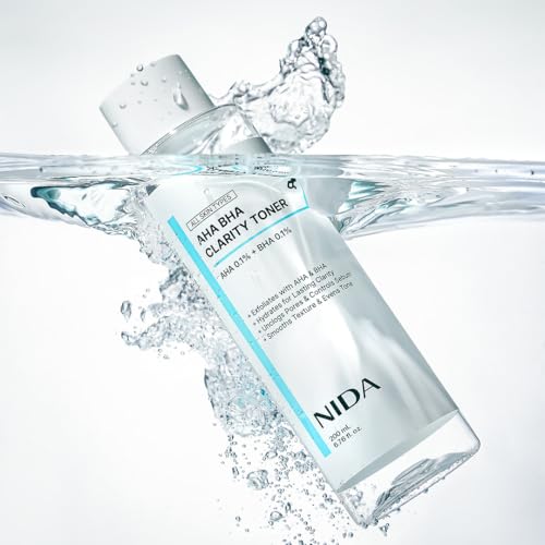 NIDA AHA BHA Clarity Toner | AHA 0.1%, BHA 0.1%, Niacinamide,Centella Asiatica | Exfoliate, Hydrate, Pore Control, Evens Tone | 6.76 fl. oz., 200ml