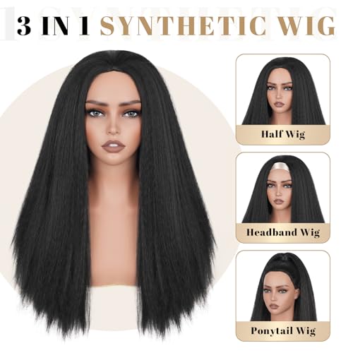 Looxey Black 1B Kinky Straight Half Wig 22 Inch 3-in-1 Yaki Drawstring Synthetic Wig for Black Women
