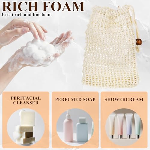 80 Pack Soap Saver Bag Mesh Exfoliating Bar Soap Pouch Natural Sisal Soap Saver Bag with Drawstring Foaming and Drying Holder for Shower Kitchen Bathroom Travel
