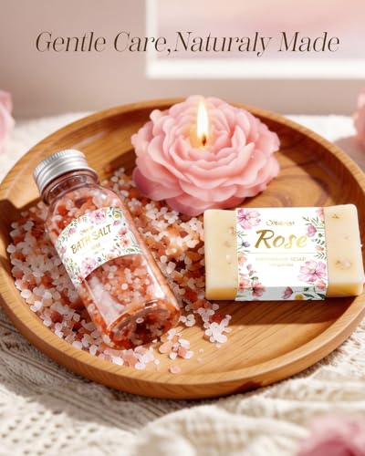Self Care Gift Basket for Women with Rose Theme - Pink Birthday Relaxation Set with Knit Blanket
