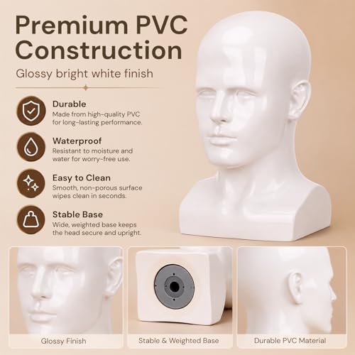 Bright White Male Mannequin Head 13.7 Inch Glossy Display Stand for Wigs & Hats - Lightmay