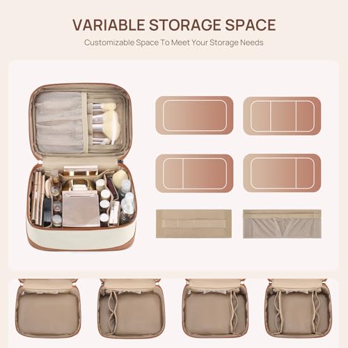 Large Travel Makeup Bag for Women - Vegan Leather, Beige & Brown