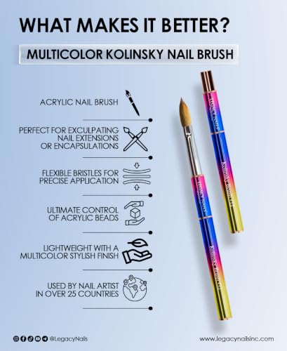 Multicolor Kolinsky Nail Brush #10 for Acrylic Nail Extensions - Flexible, Light Weight