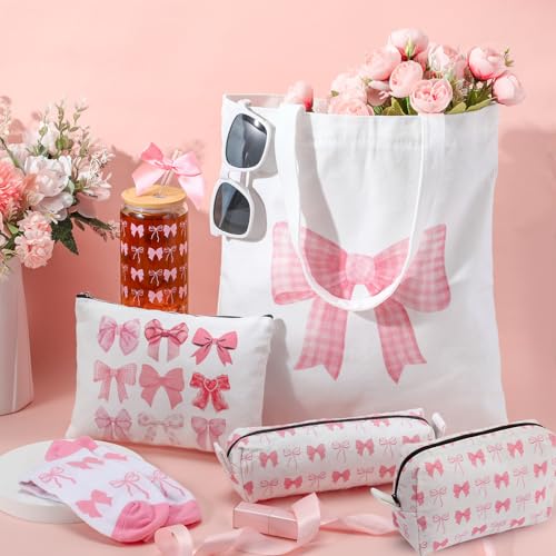 Coquette Gift for Women Bow Preppy Makeup Bag Set Aesthetic Glass Cups with Lids, Canvas Tote Bag Gift Set, Bow Themed Gifts for Woman(Pink)