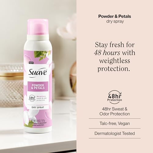 Suave Powder & Petals Antiperspirant Deodorant Dry Spray - 48Hr Odor & Wetness Protection, 3.8oz, 12 Pack