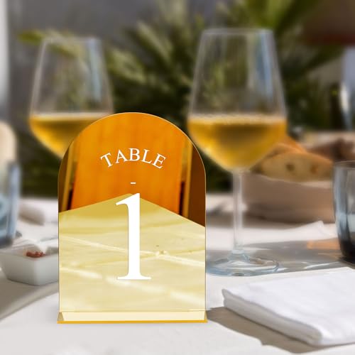 Wedding Table Numbers 1-40 with Stands - Gold Acrylic Arch Design, White Font - Variation of Gold White Font / Table Number 1-40